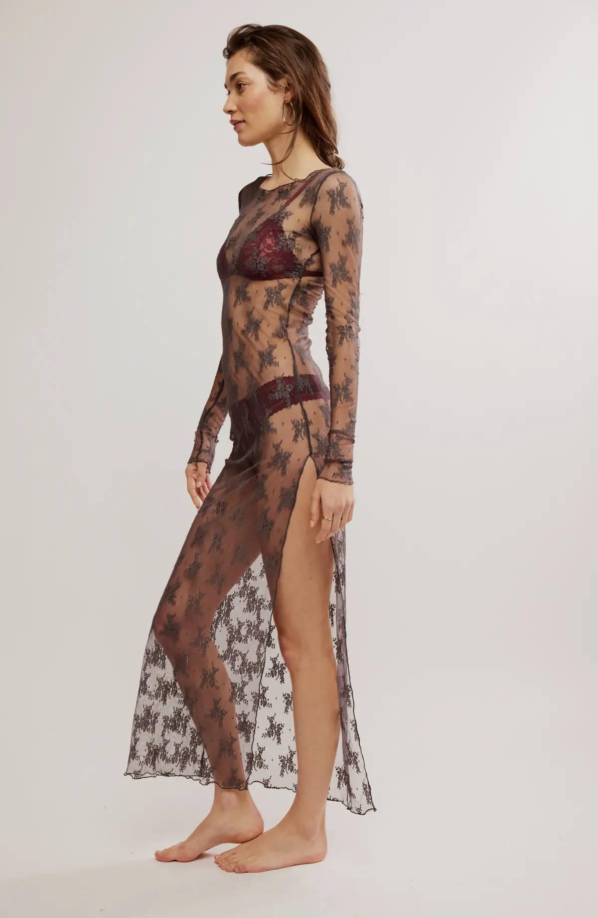 Free People Lady Lux Maxi Lace Slip Dress In Dark Gull Grey 2