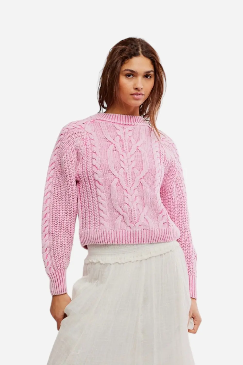 Free People Frankie Cable Sweater In Aurora Pink 1