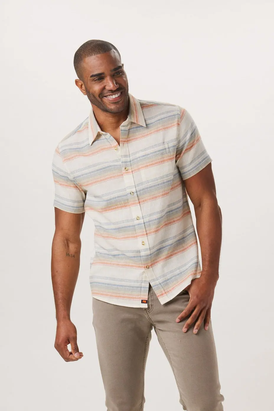 The Normal Brand Freshwater Short Sleeve Button Up Shirt In Canyon Stripe 1