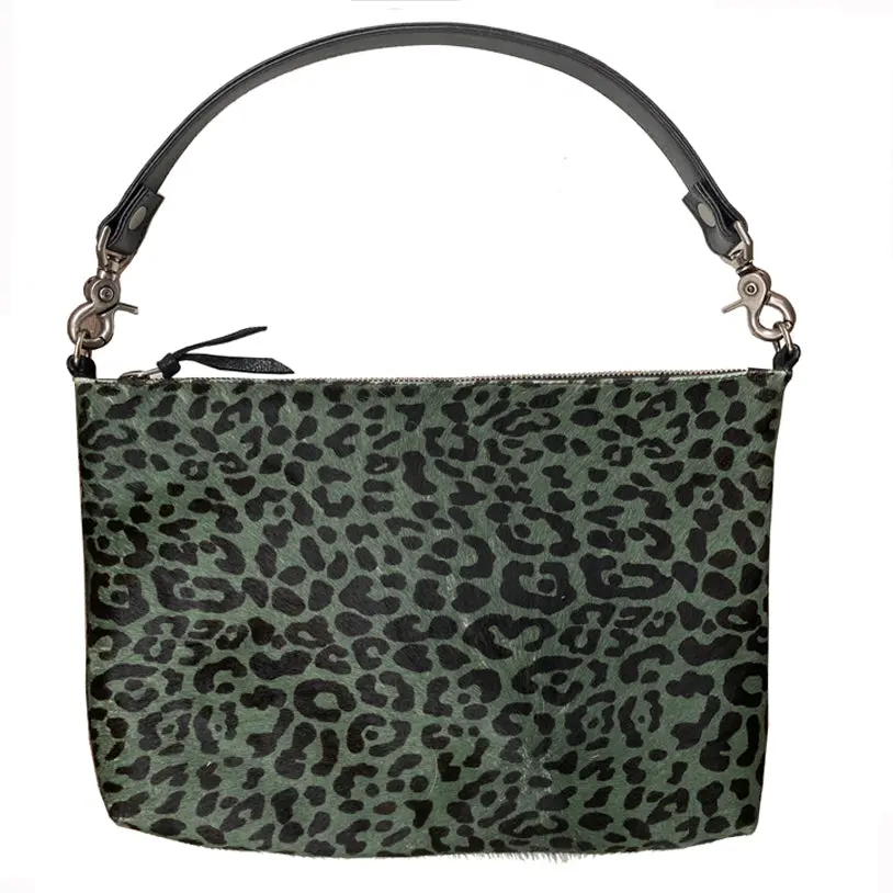 Fur Bag With Two Straps - Moss & Black Leopard 1