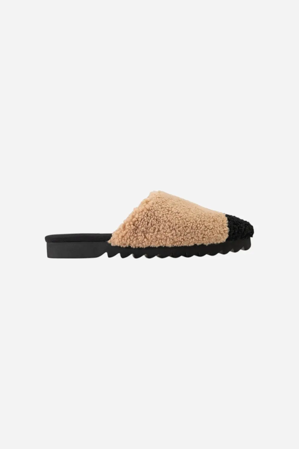 Roam Fuzzy Cap Mule In Beige Black Faux Shearling 1