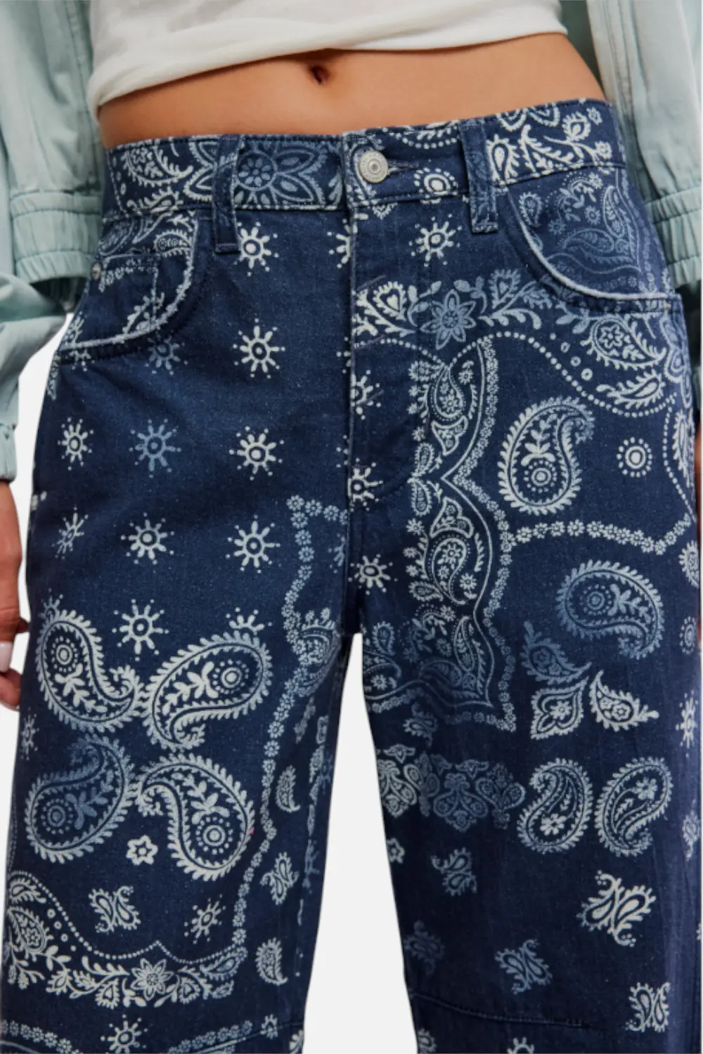 Free People Good Luck Printed Barrel Jean In Navy Bandana 4