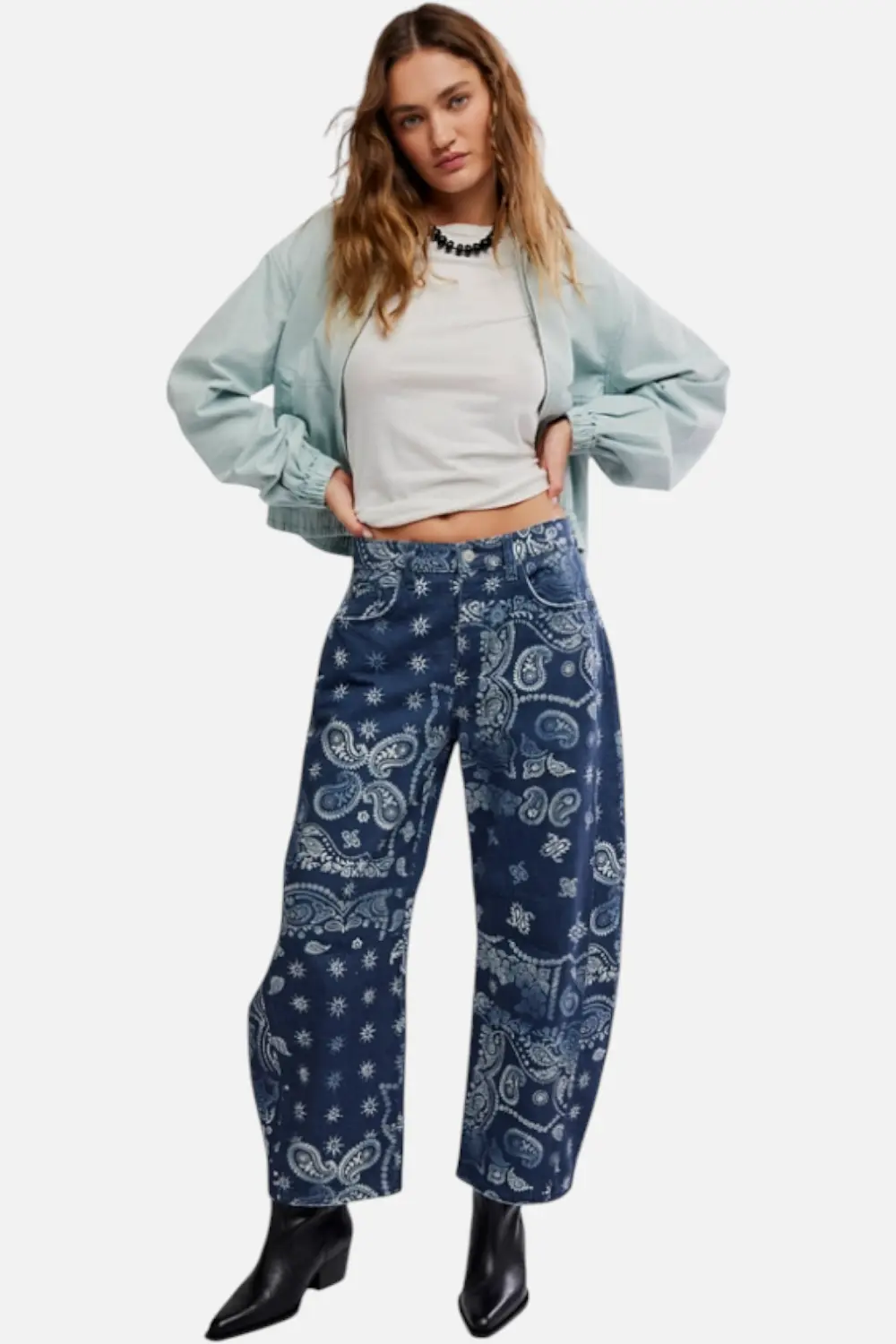 Free People Good Luck Printed Barrel Jean In Navy Bandana 1