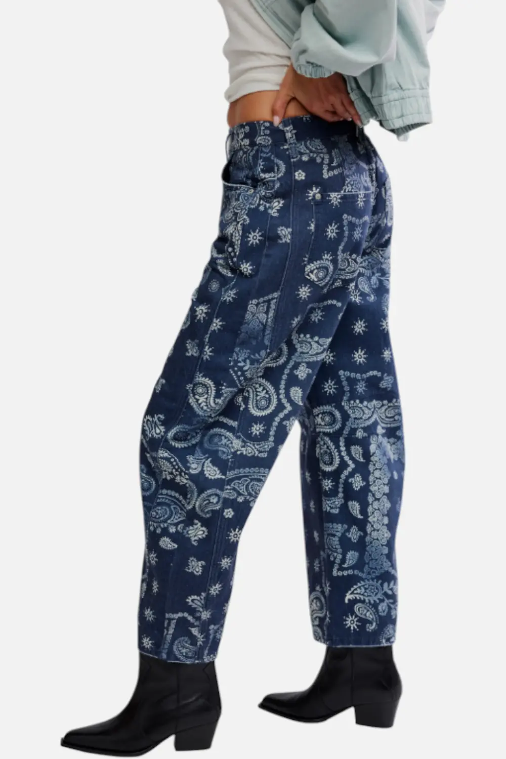 Free People Good Luck Printed Barrel Jean In Navy Bandana 2
