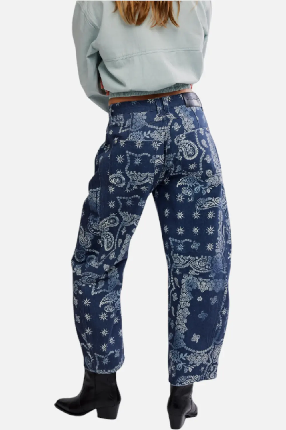 Free People Good Luck Printed Barrel Jean In Navy Bandana 3