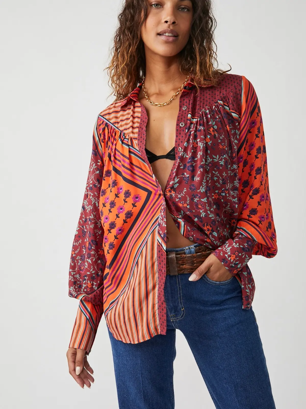 Free People Hazel Buttondown Shirt In Chili Pepper Combo 1
