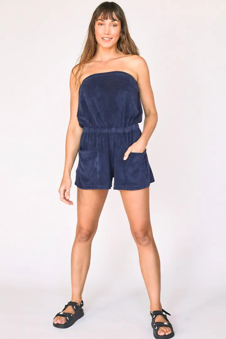 Jaclyn Loop Terry Strapless Romper In Navy 1