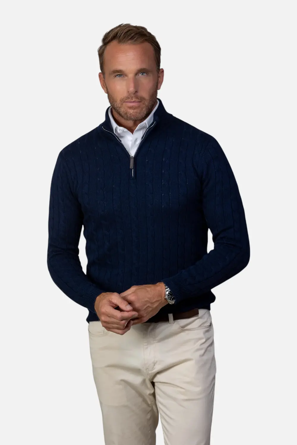 Collars & Co Men's Kensington Cable Knit Quarter Zip Sweater In Navy 1