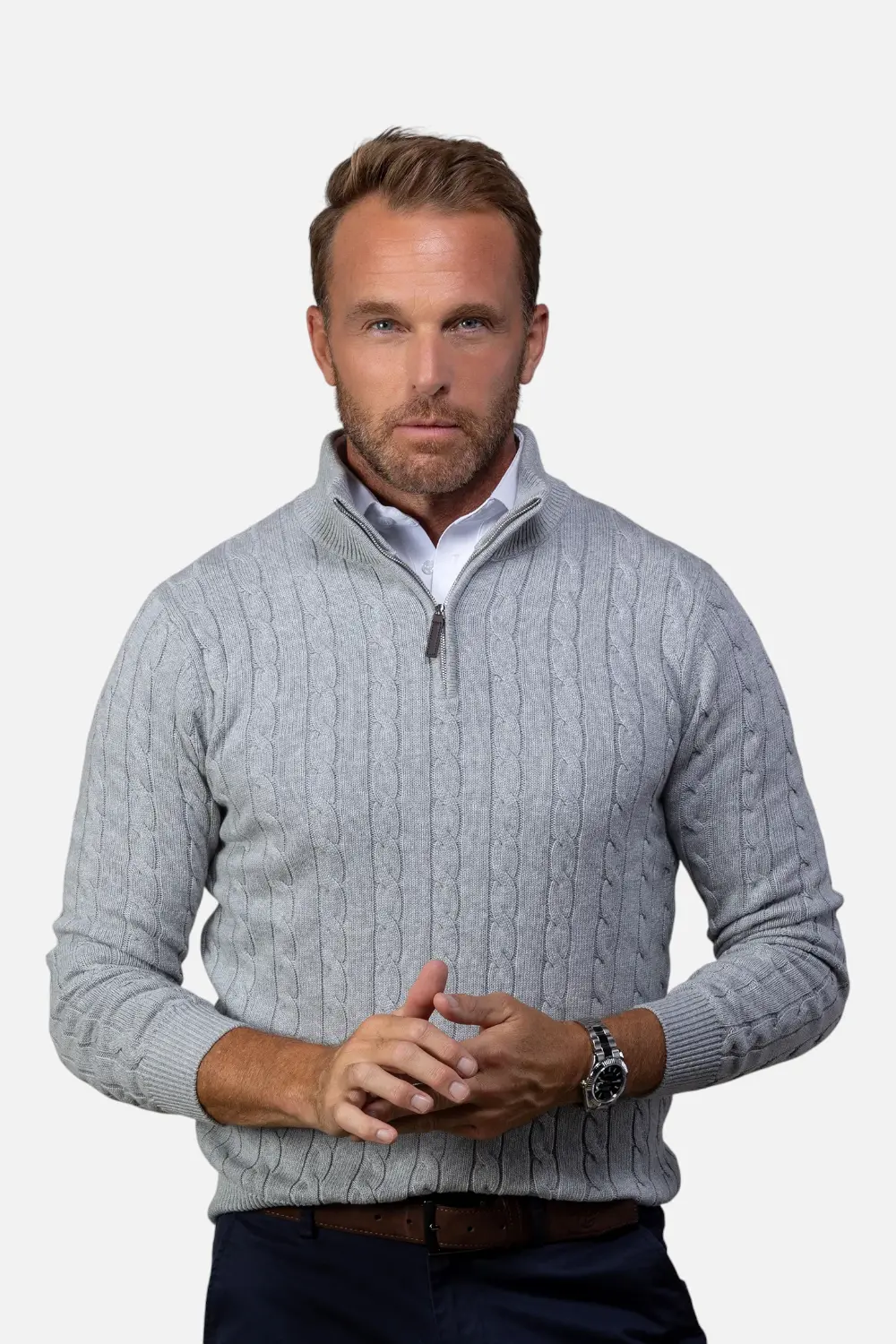 Collars & Co Men's Kensington Cable Knit Quarter Zip Sweater In Grey 1
