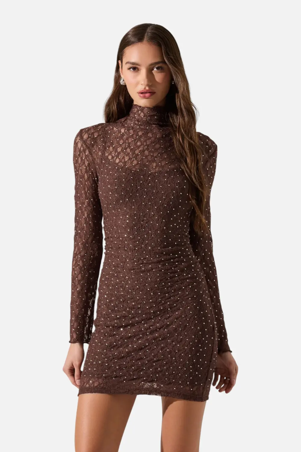 Astr The Label Kourtney Rhinestone Lace Mini Dress In Brown 1