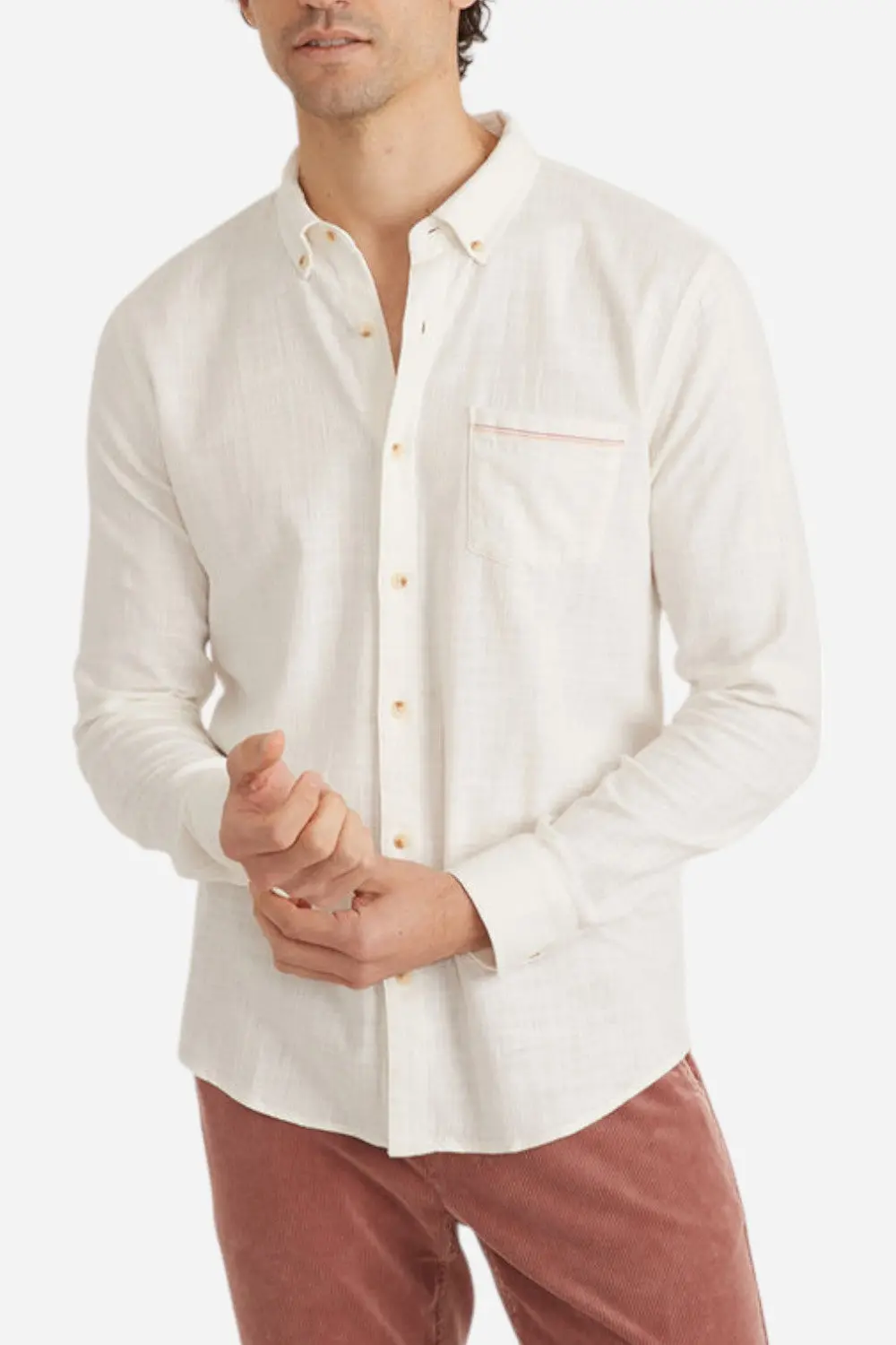 Marine Layer Long Sleeve Dressy Stretch Selvage Shirt In Natural 1