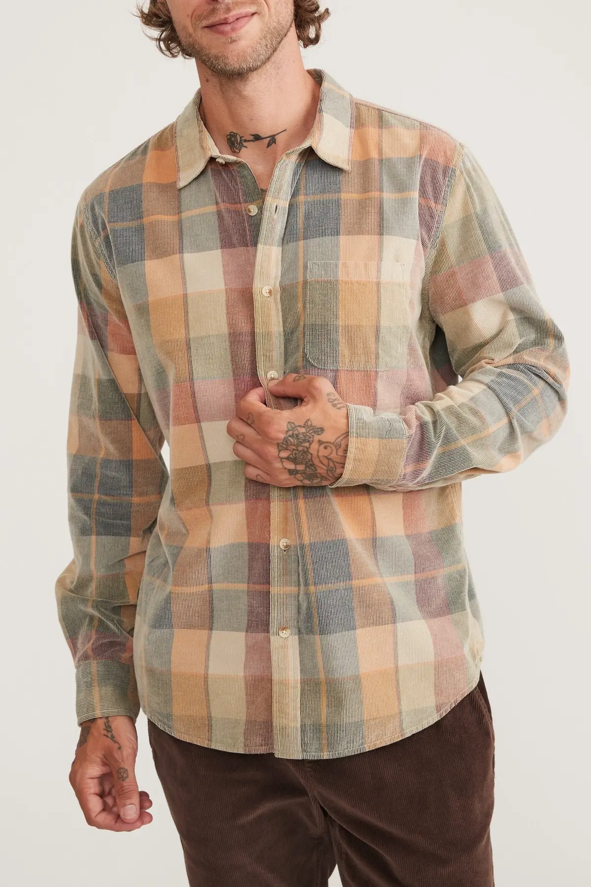Marine Layer Long Sleeve Lightweight Cord Shirt In Brown Plaid 1
