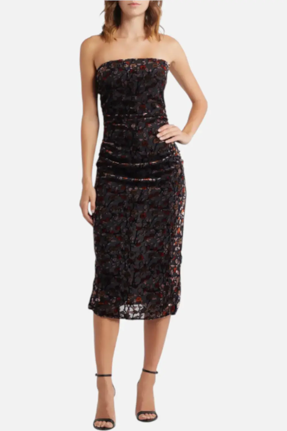 Lulus Pixie Metallic Floral Strapless Mesh Midi Dress 1