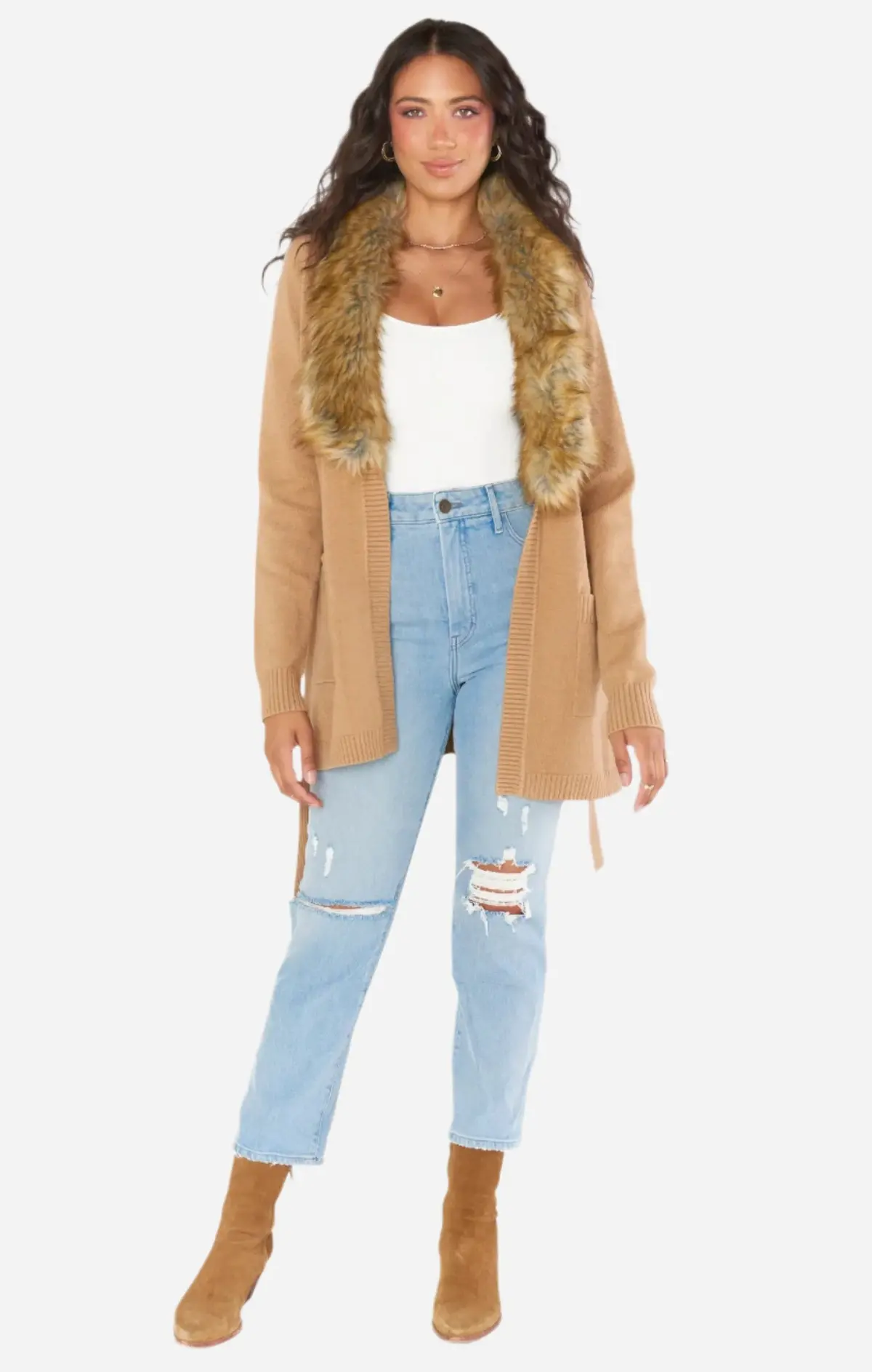 Show Me Your Mumu Cabin Cardigan Camel Knit With Faux Fur 1