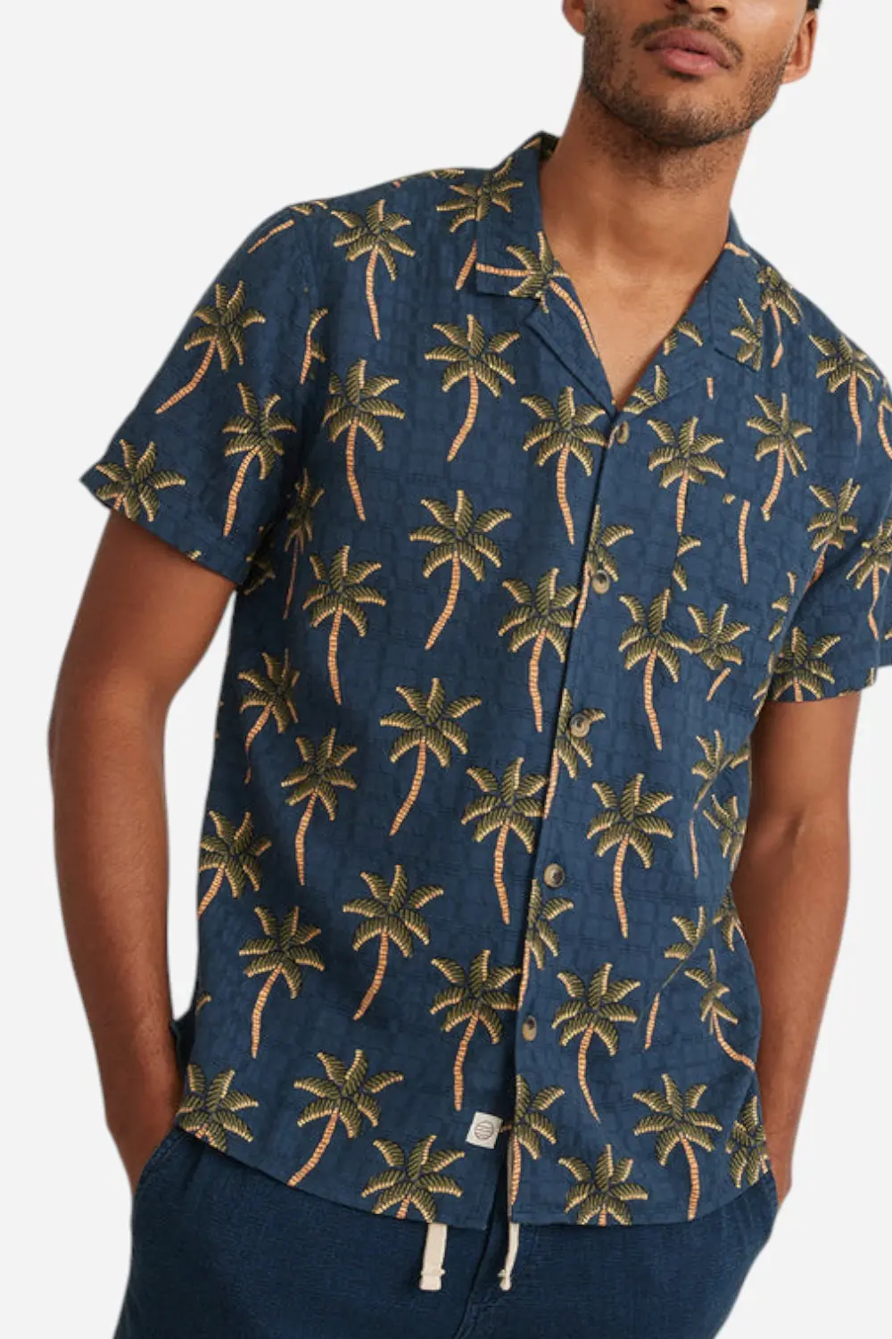 Marine Layer Short Sleeve Atlas Textured Shirt In Navy Palm Print 1