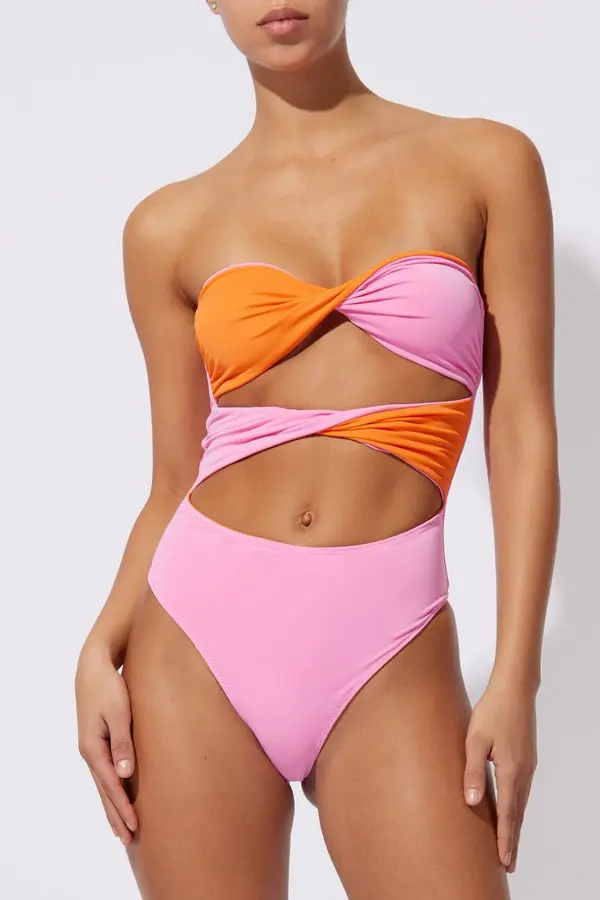 Solid And Striped Marlie One Piece Reversible In Carnation Pink And Clementine 1