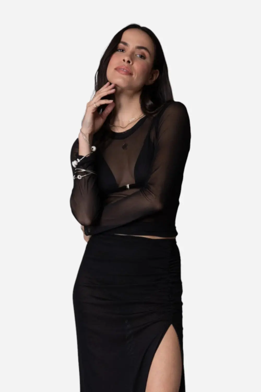 Stillwater Mesh Slim Crop Top Tee Long Sleeve In Black 1