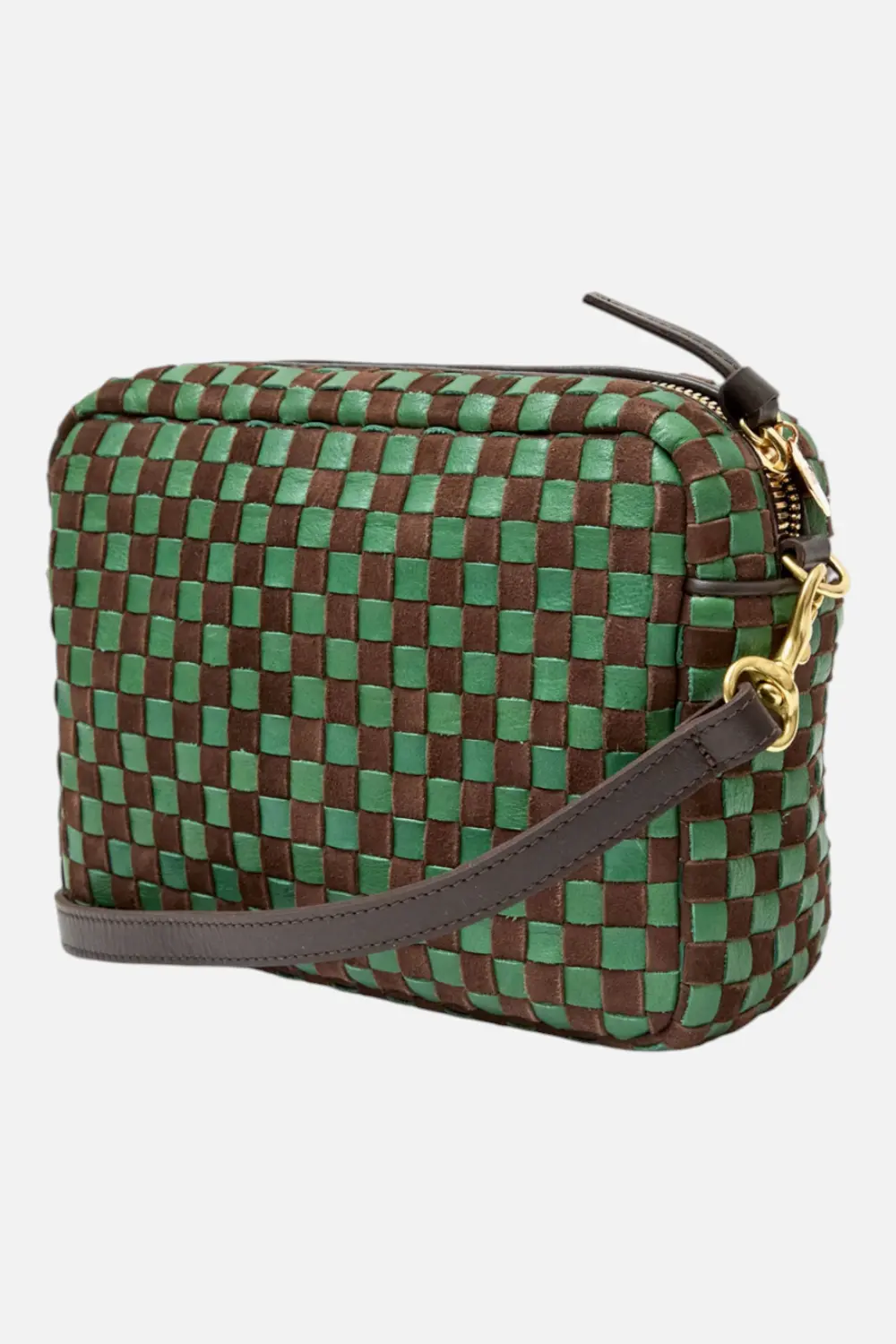 Clare V Midi Sac Suede In Deep Pine And Chocolate Woven Checker 1