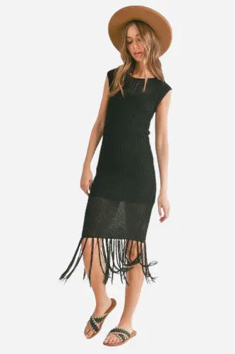 Sage The Label Mila Knitted Fringe Hem Midi Dress With Lining In Black 1