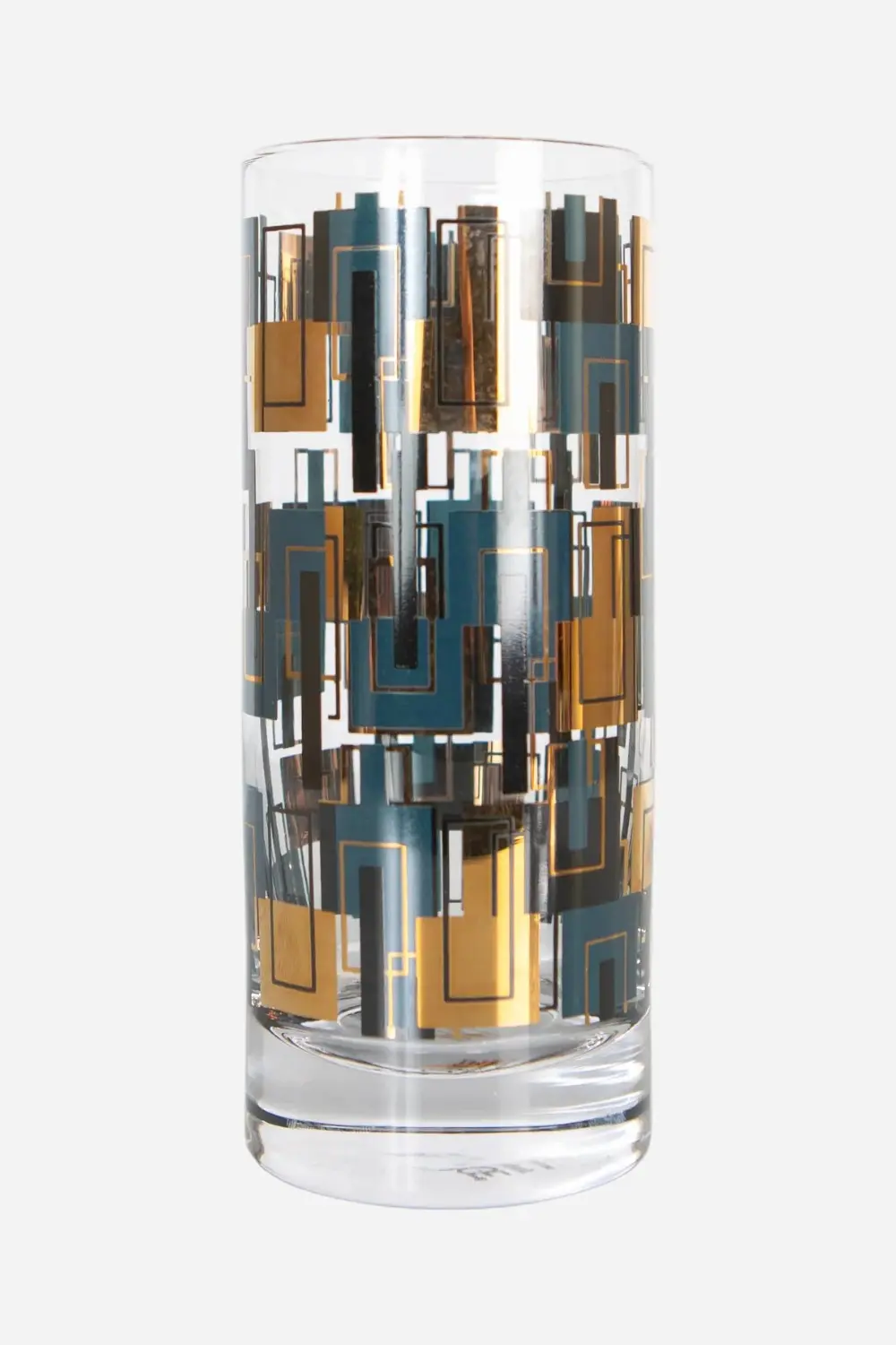 Mod Lounge Blue And Gold Squares Mid Century Tall Highball Vintage Cocktail Glass 1