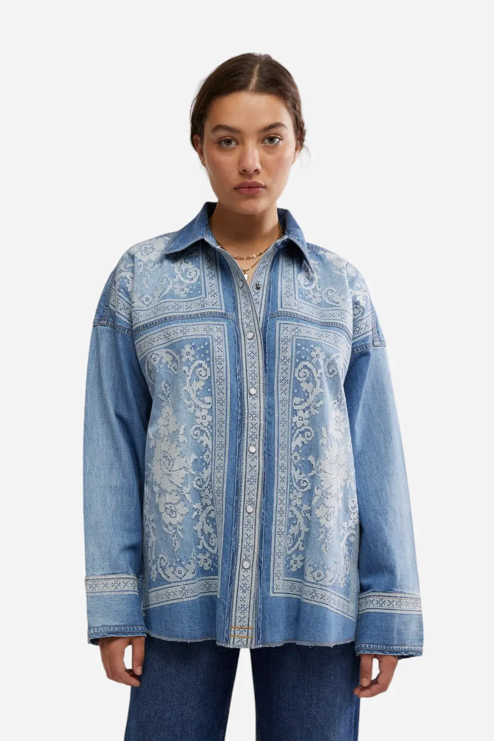 Free People Lace Embroidered Denim Shirt 1