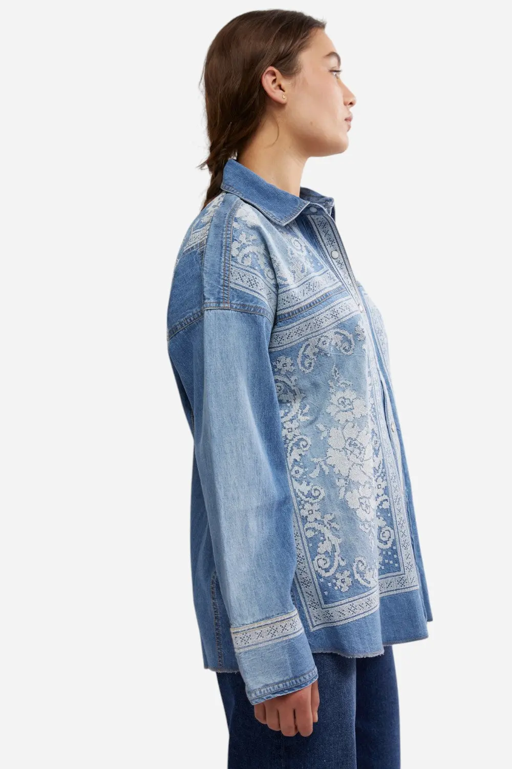 Free People Lace Embroidered Denim Shirt 2