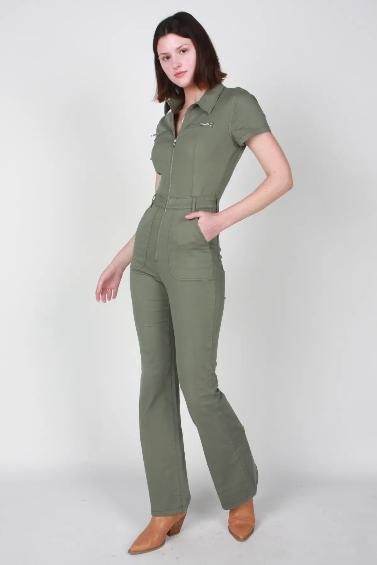 Pistola Martina Short Sleeve Flare Jumpsuit In Colonel 1