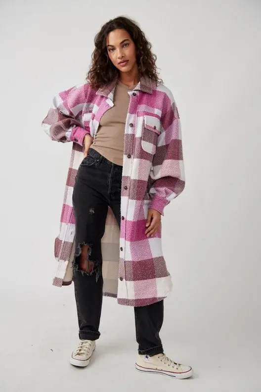 Free People Plaid Long Ruby Jacket In Wine Combo 1