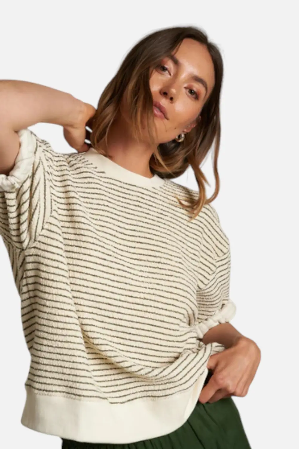 Perfect White Tee Women's Rebecca Cotton Short Sleeve Sweatshirt In Green Stripe 1