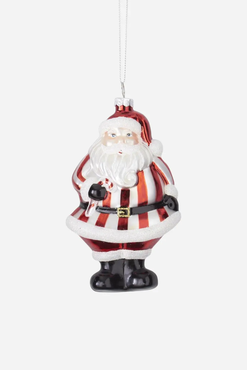 Red & White Glittered Blown Glass Santa Ornament 1