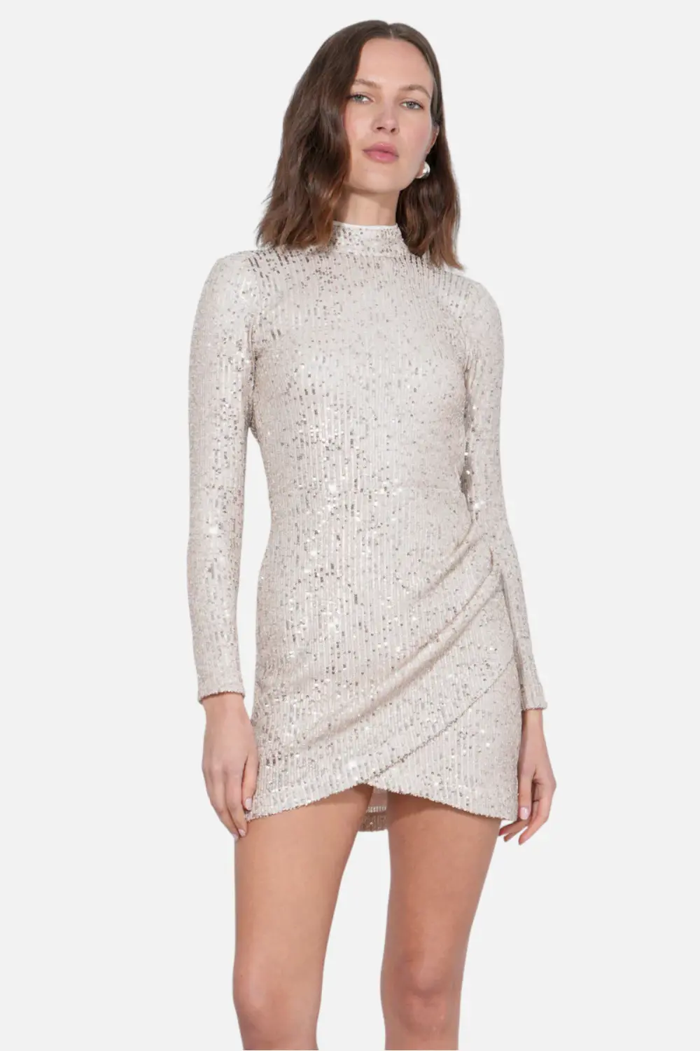 Adelyn Rae Riina Sequins Mock Neck Mini Dress In Silver/Nude 1