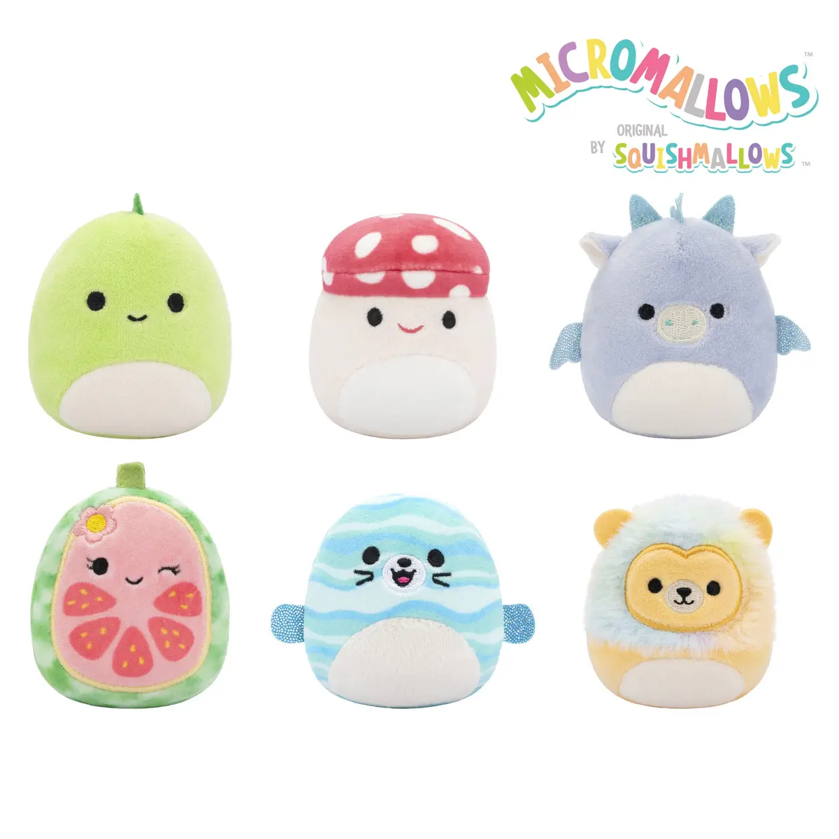 Micromallows 6-Pack – Danny Dinosaur, Dane Dragon, Malcolm Mushroom, Lena Guava Fruit, Leonard Lion, Noah Seal 1