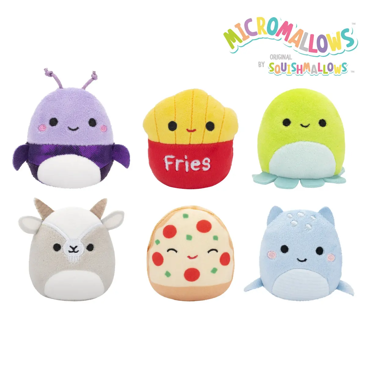 Micromallows 6-Pack – Axel Beetle, Lune Loch Ness Monster, Floyd French Fries, Orphie Octopus, Pep Pizza, Walker Goat 1