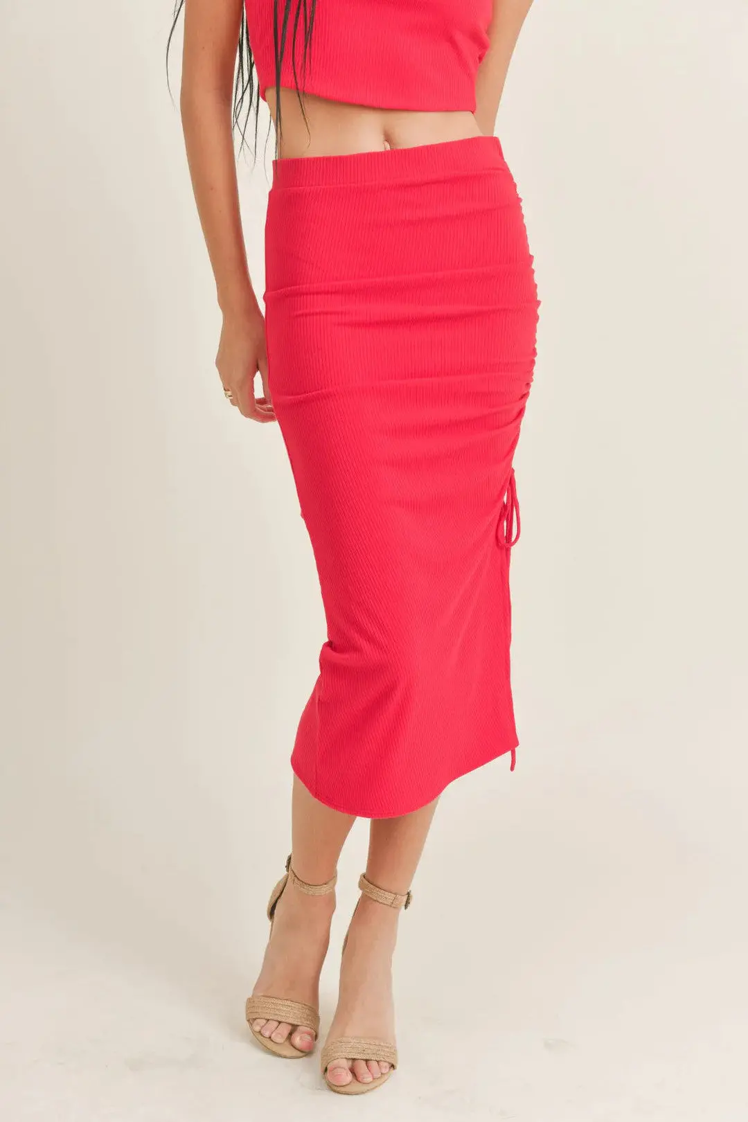 Sage The Lablel Bold Girl Side Ruched Midi Skirt In Red 1
