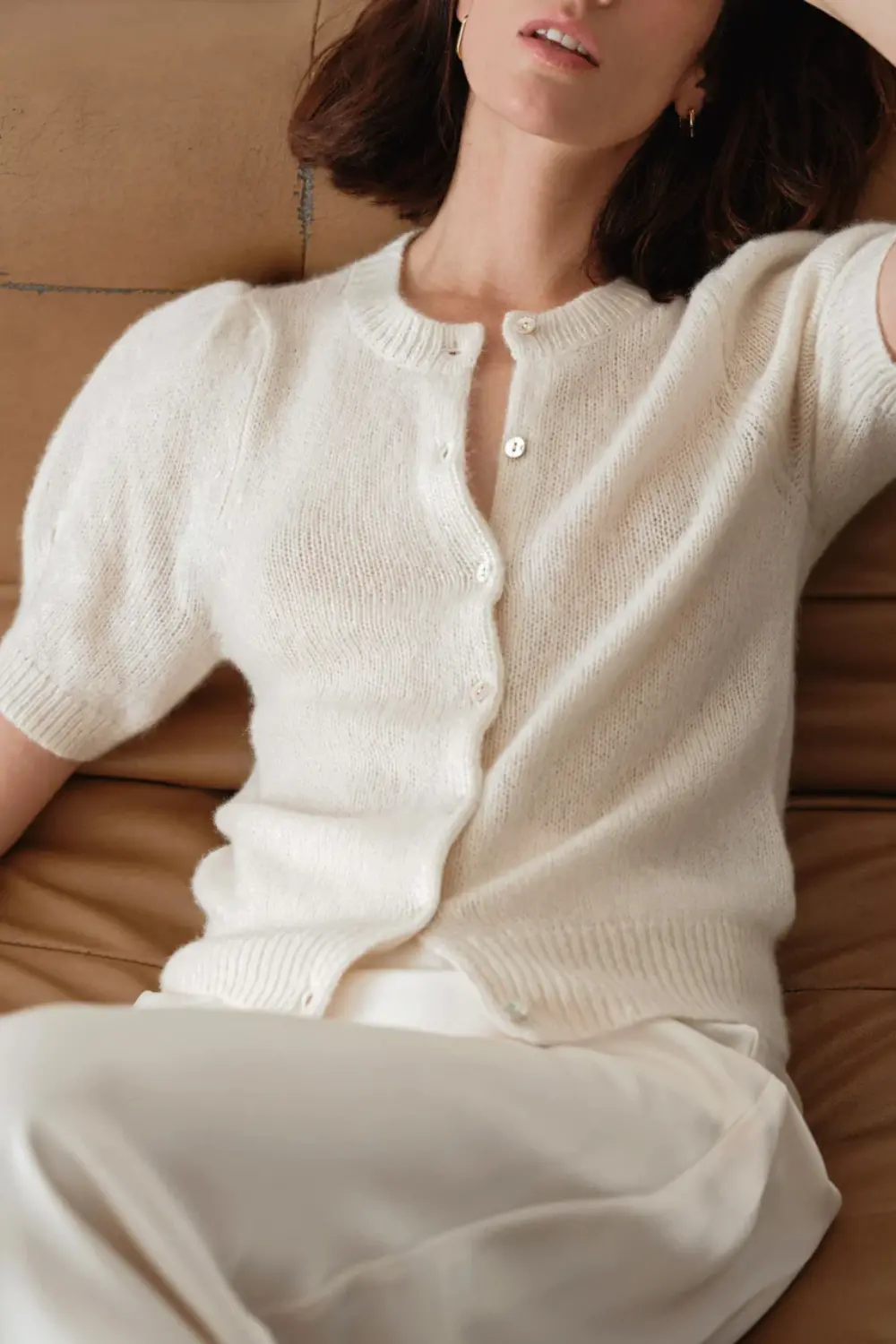 W. Cashmere Sheila Puff Sleeve Short Sleeve Cardi In Ivory 1