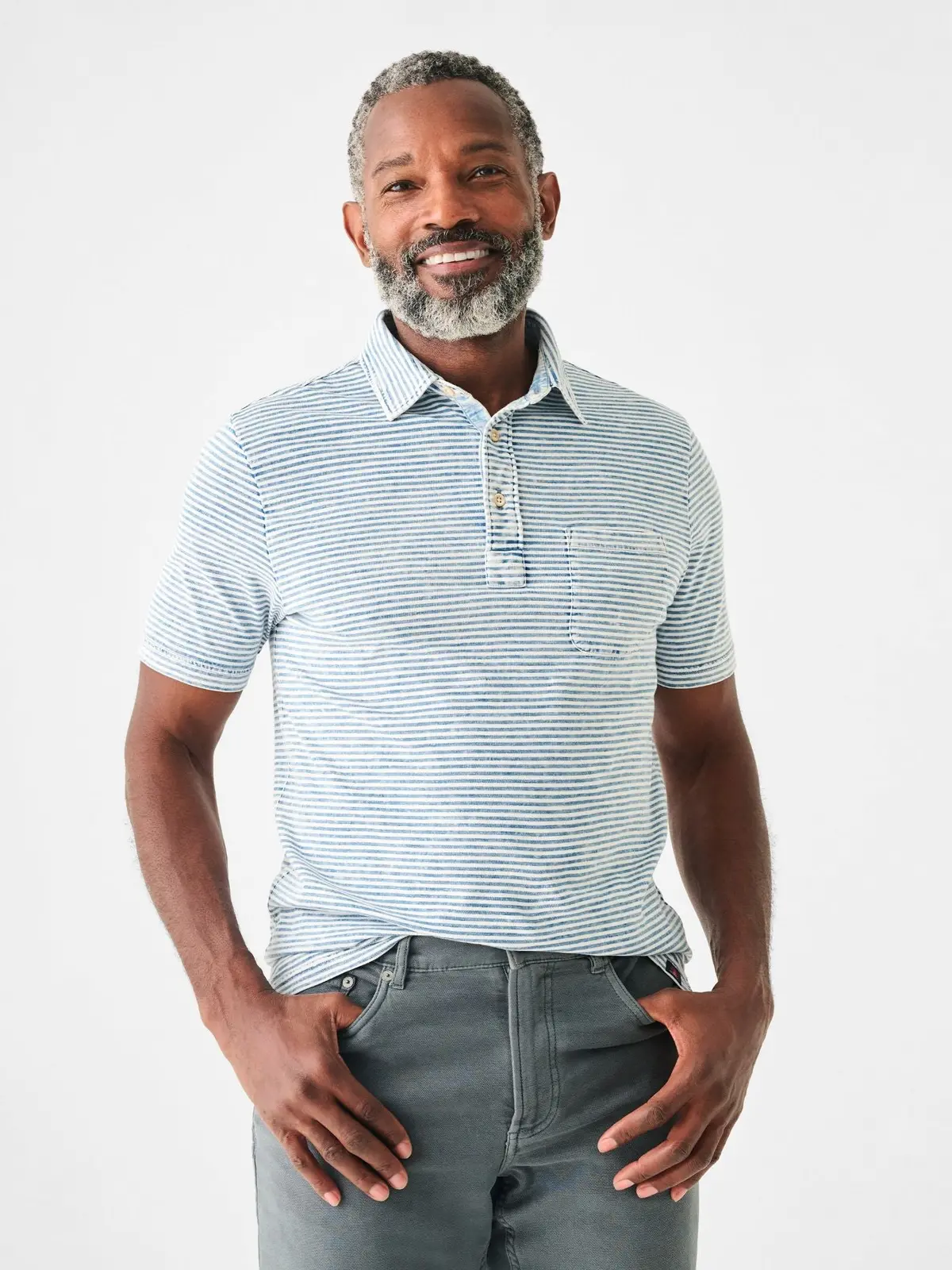 Faherty Short Sleeve Indigo Polo In Salt Wash Indigo Stripe 1