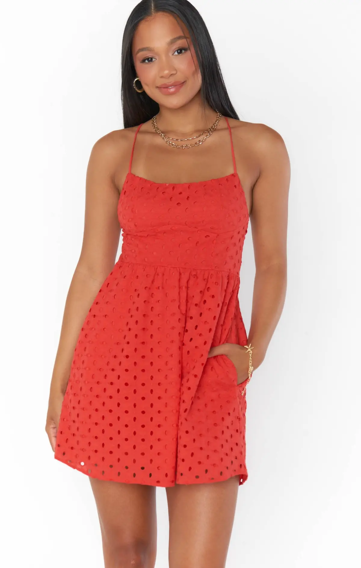 Show Me Your Mumu Out Of Town Mini Dress In Red Eyelet 1