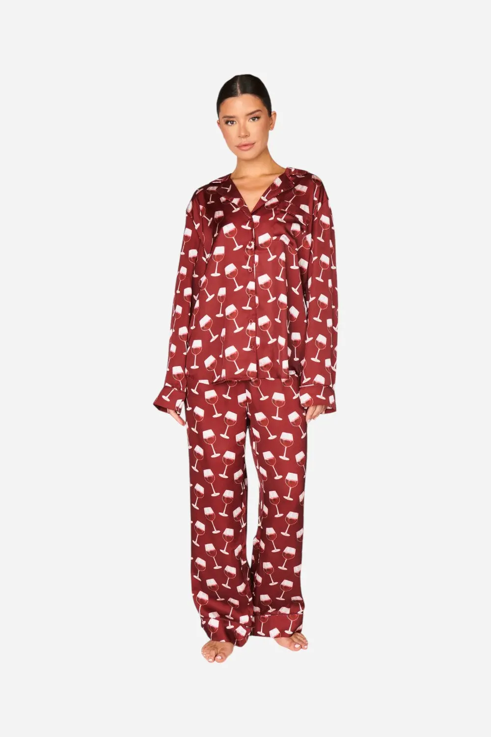 Show Me Your Mumu Classic Pj Set In Red Wine Silky 1