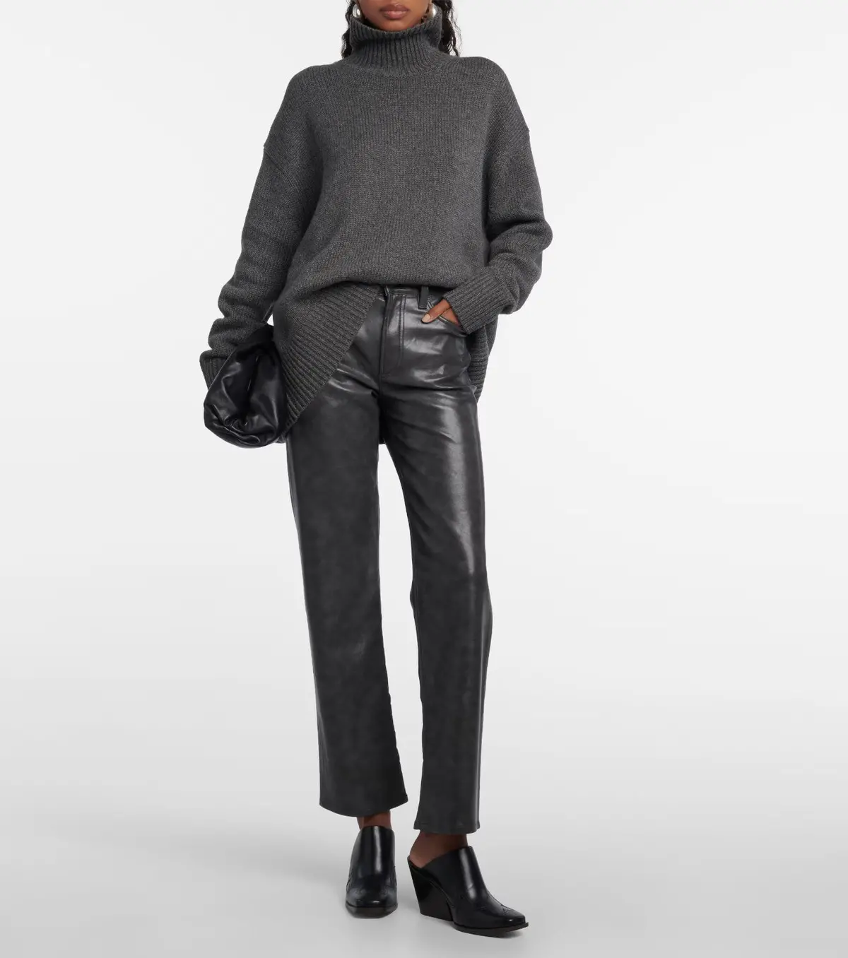 Agolde Sloane Mid-Rise Leather Straight Pants In Smoke Grey 1