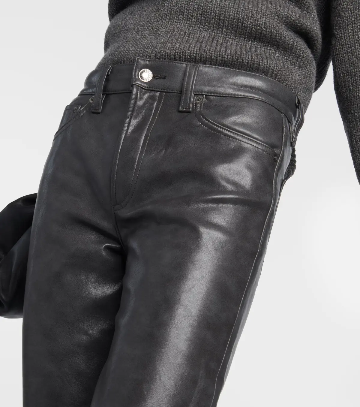 Agolde Sloane Mid-Rise Leather Straight Pants In Smoke Grey 3