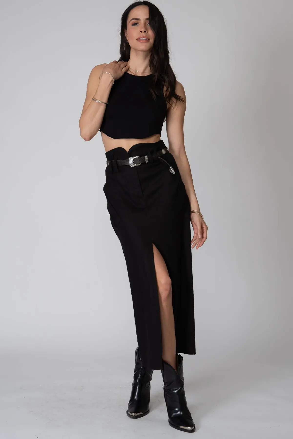 Stillwater Stretch Linen Cargo Knotch Waist Maxi Skirt In Black 1