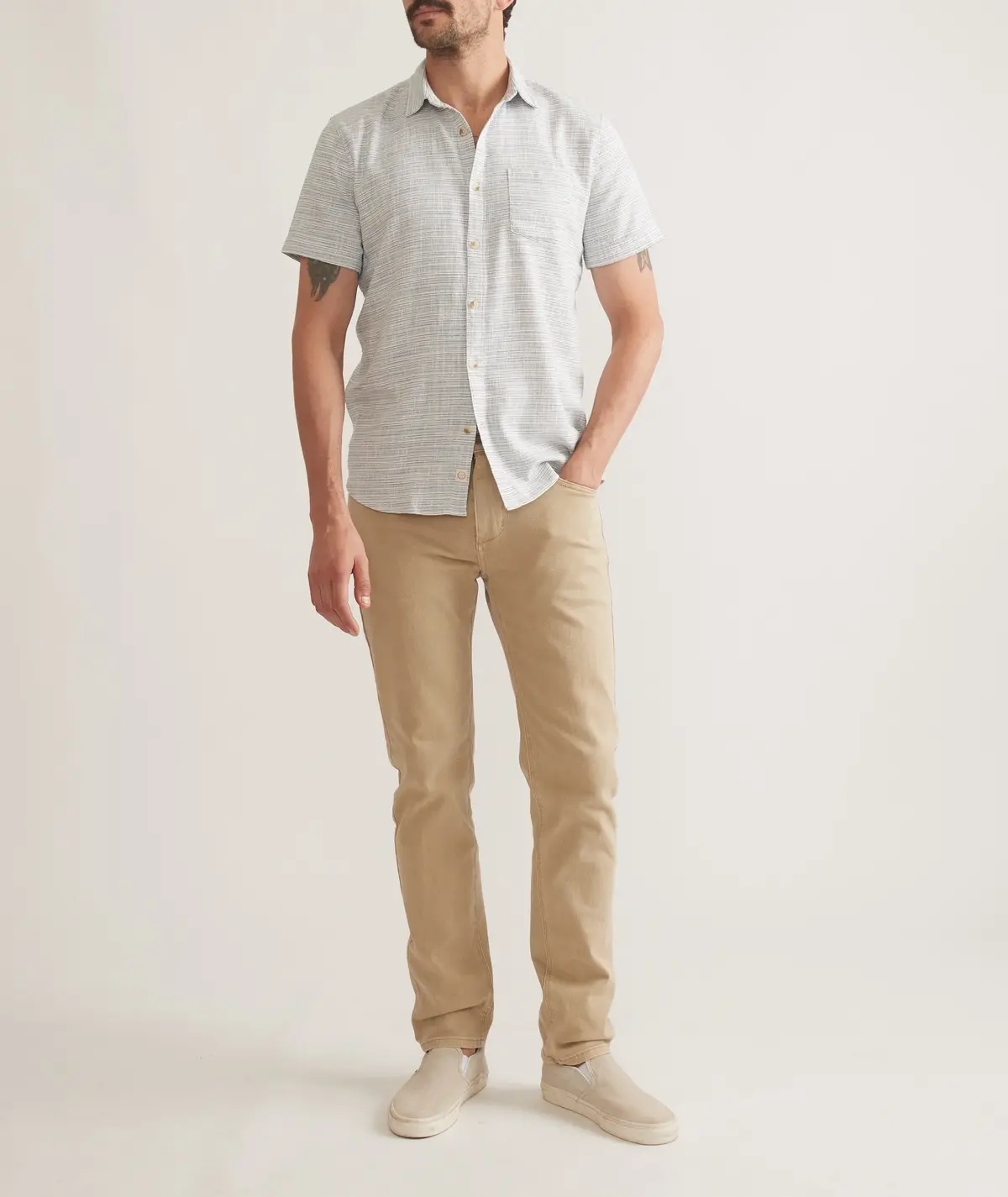 Marine Layer Stretch Selvage Short Sleeve Shirt In Blue Mini Stripe 1