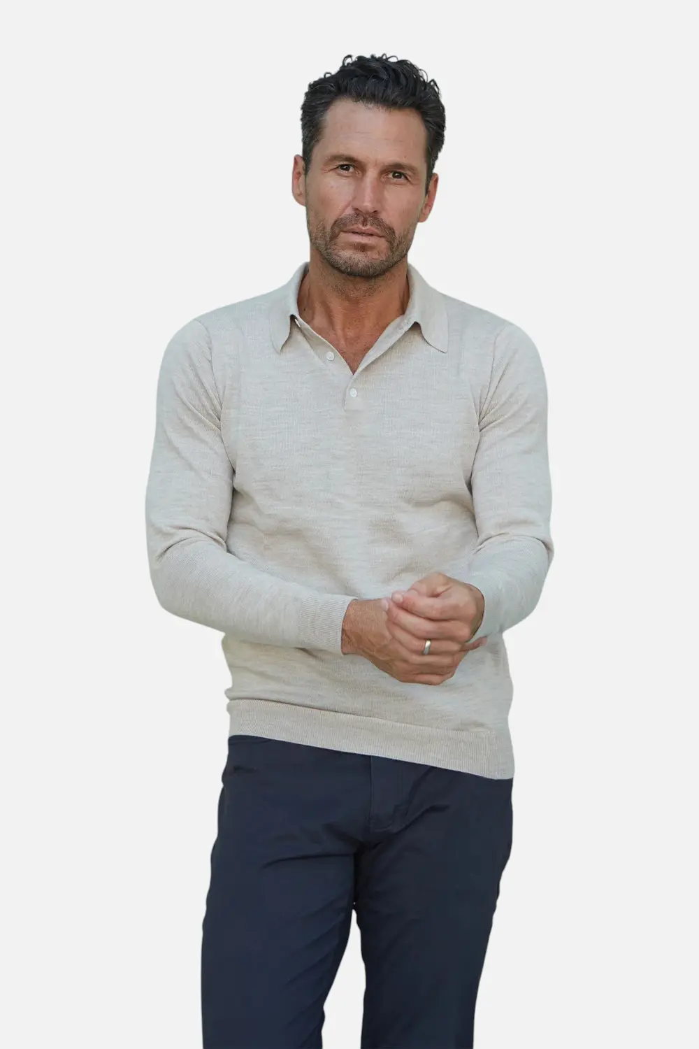 Collars & Co Men's Bellagio Three Button Long Sleeve Merino Polo In Oatmeal Melange 1
