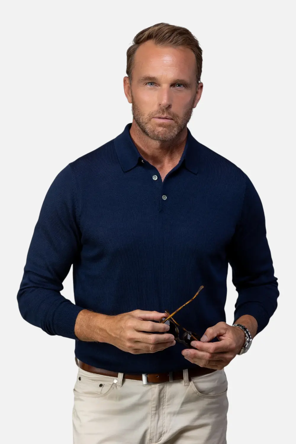 Collars & Co Men's Bellagio Three Button Long Sleeve Merino Polo In Navy 1