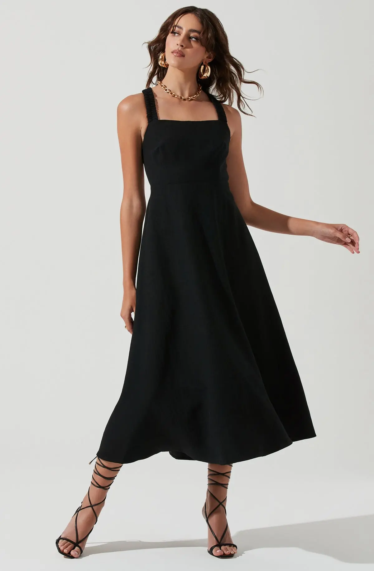 Valenz Square Neck Open Back Midi Dress In Black 1