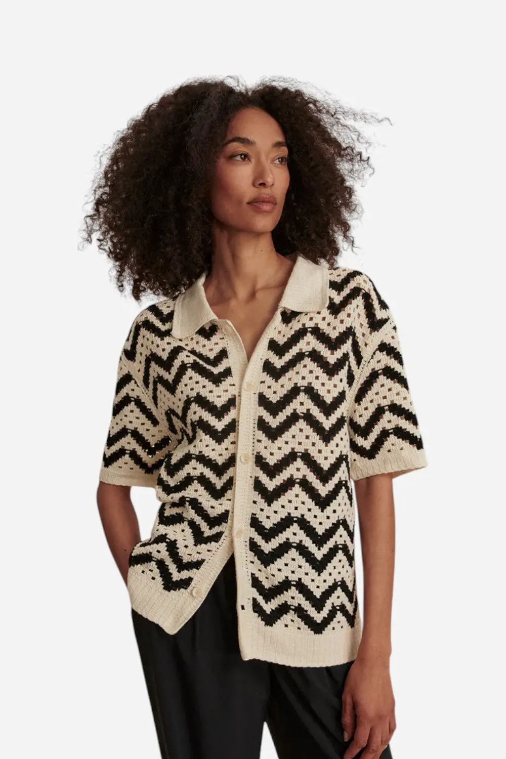 Varley Anais Crochet Polo Shirt In Birch 1