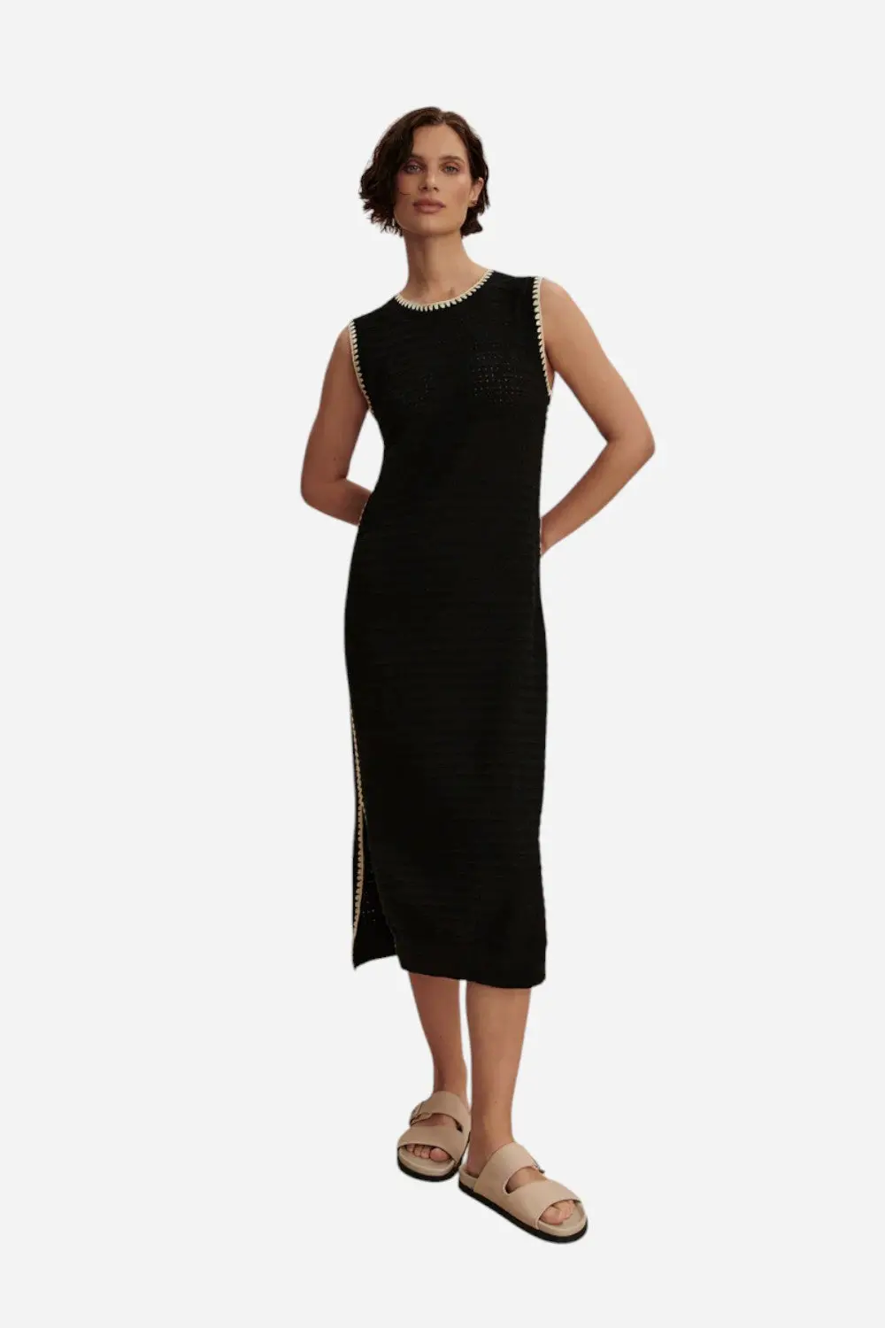 Varley Dwight Tank Knit Midi Dress In Black/White 1