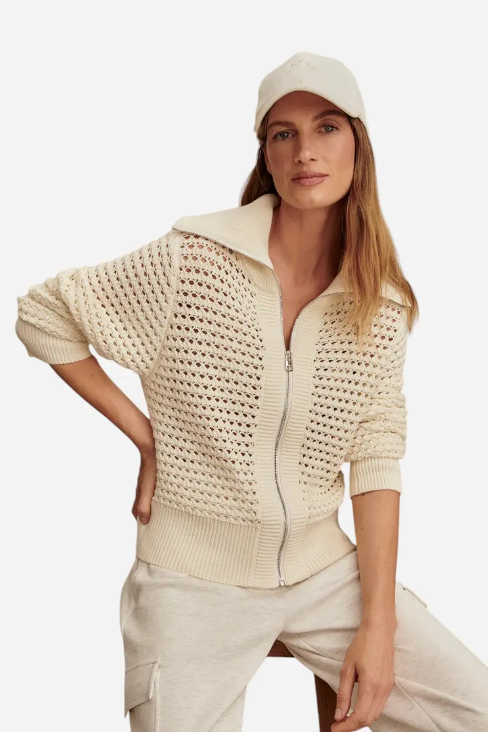 Varley Eloise Zip-Through Knit In Egret 1