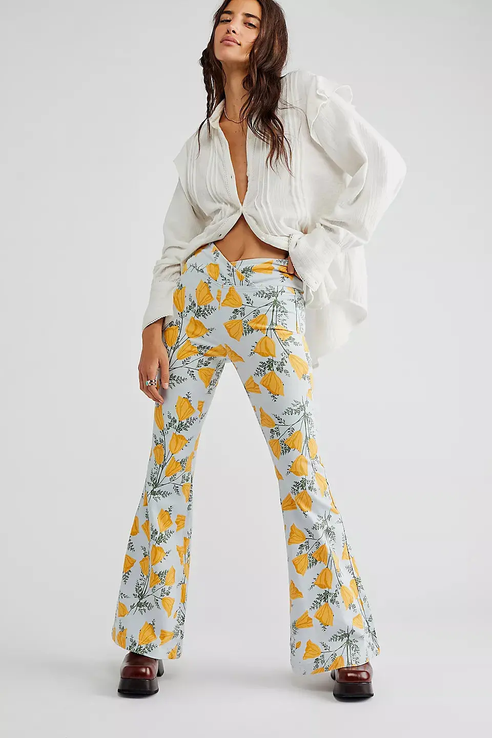 Free People Venice Beach Printed Flare Jeans In Sky Combo Cali Poppies 1