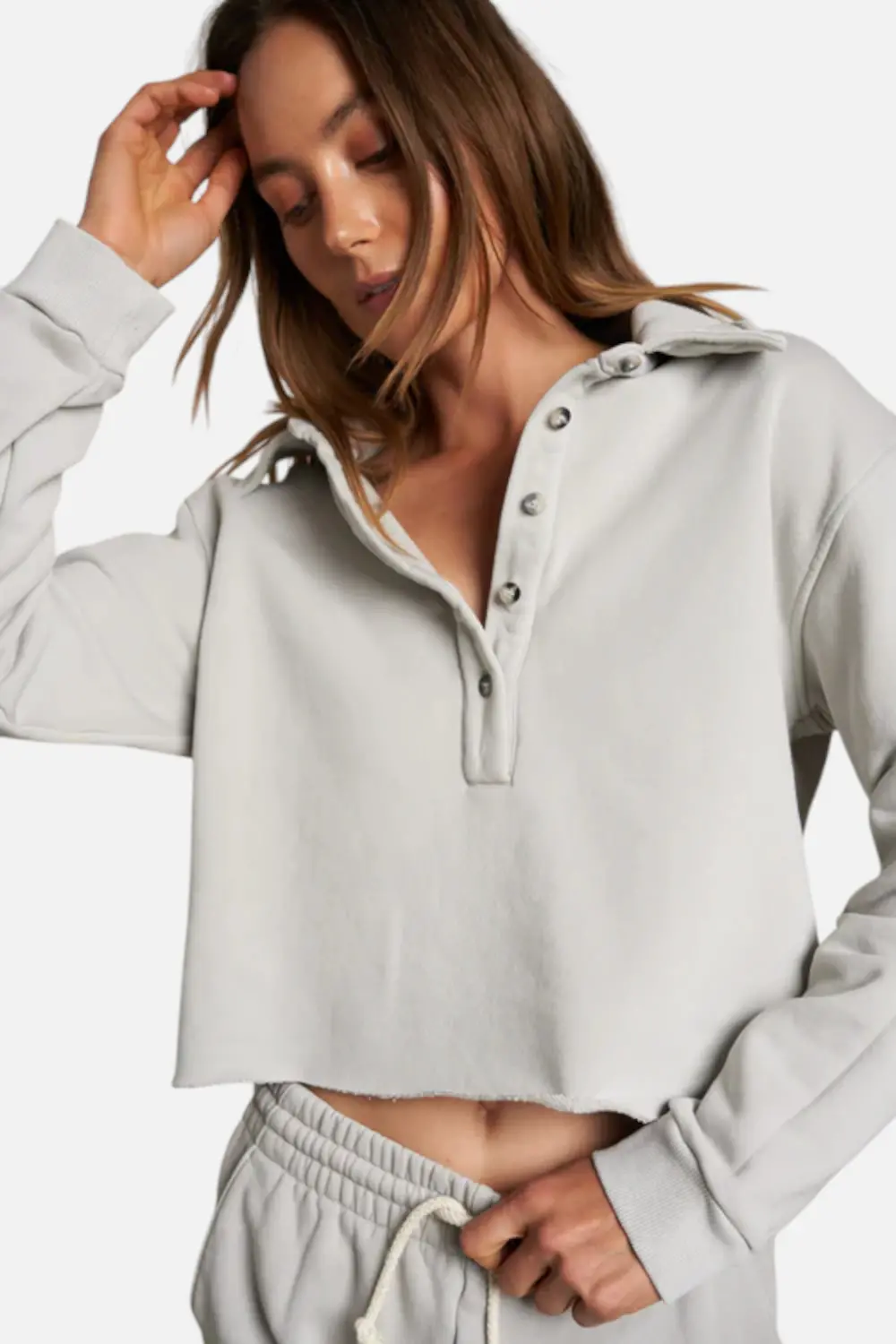 Perfect White Tee Women's Vinny Fleece Henley Cropped Sweatshirt In Silver 1